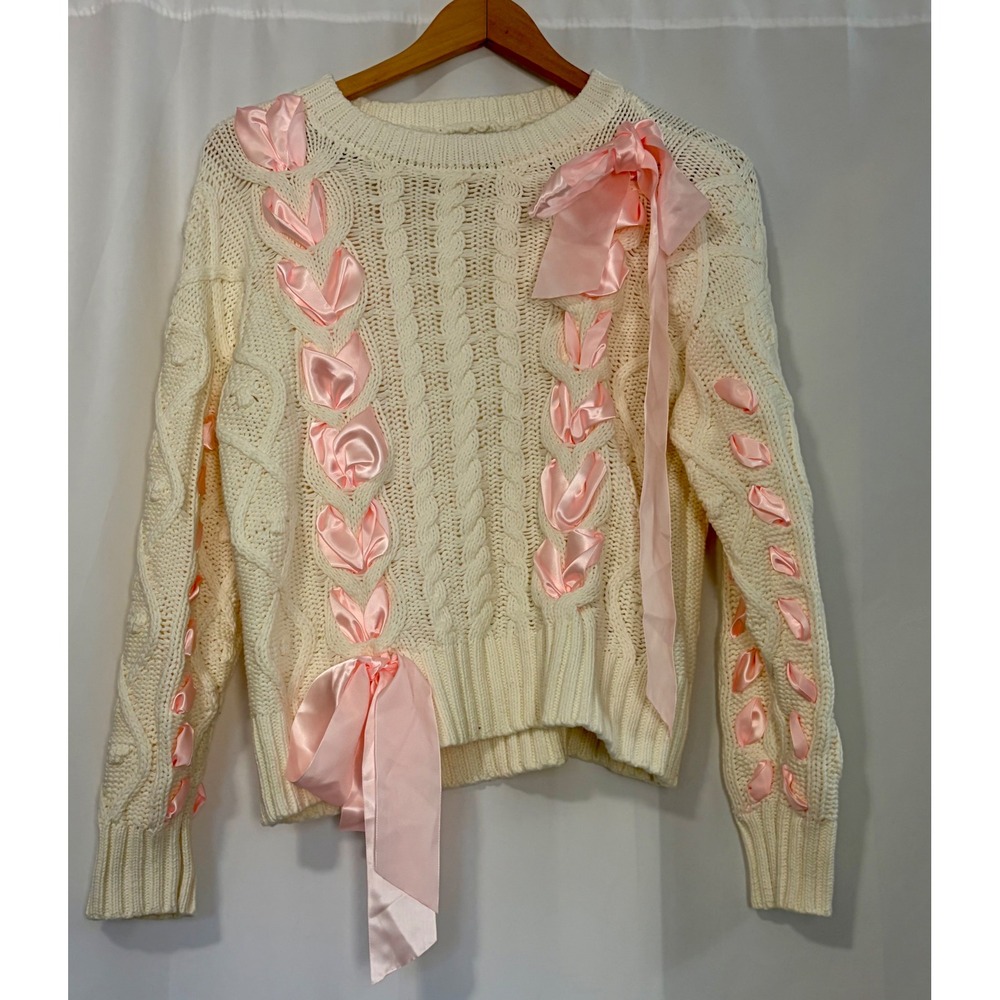 Cream Cable Knit Pink Ribbon Bow Sweater Small Coquette Balletcore Feminine